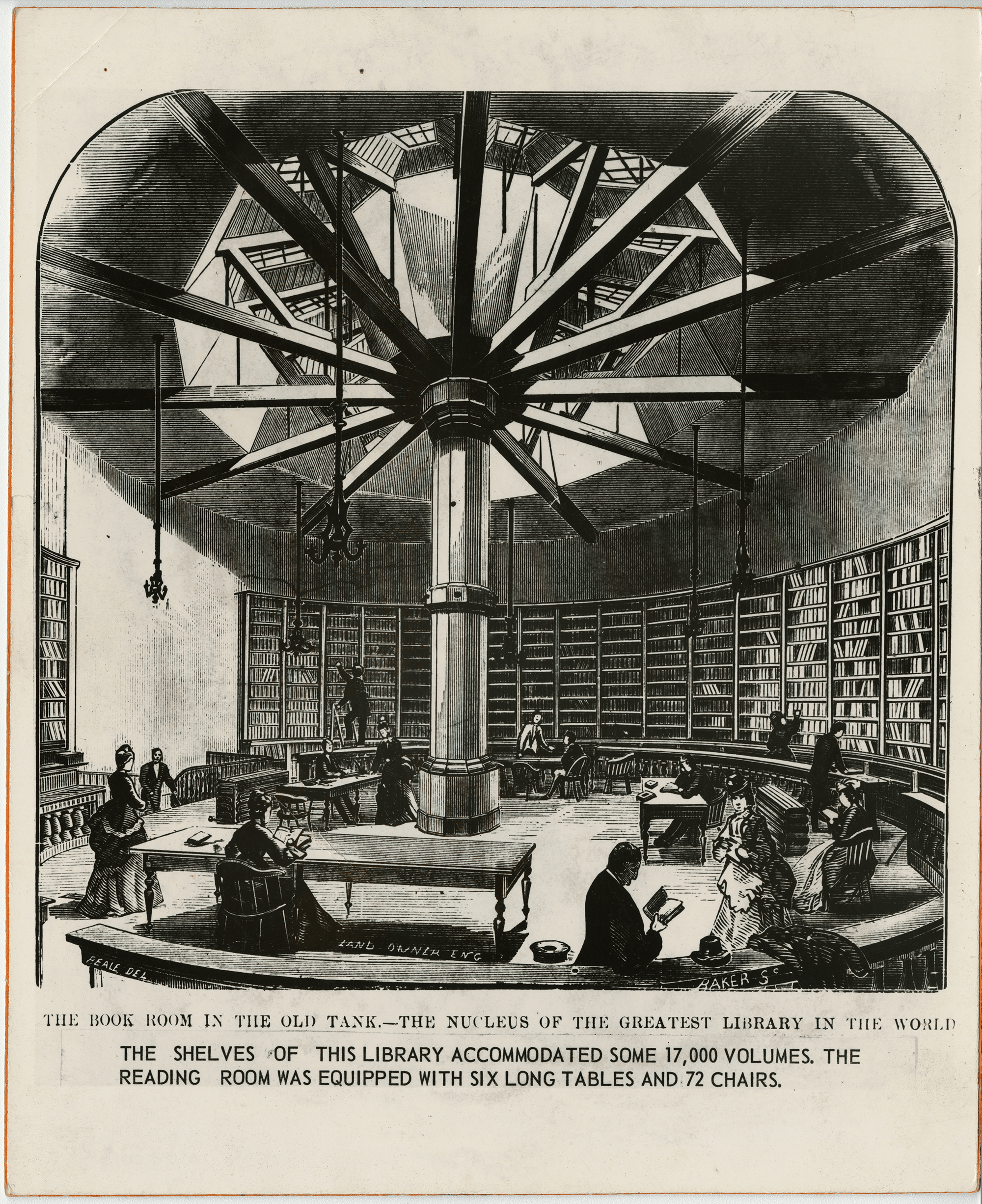The reading room in the old water tank, 1873. The water tank was one of the only places left to host the library after the Great Fire.